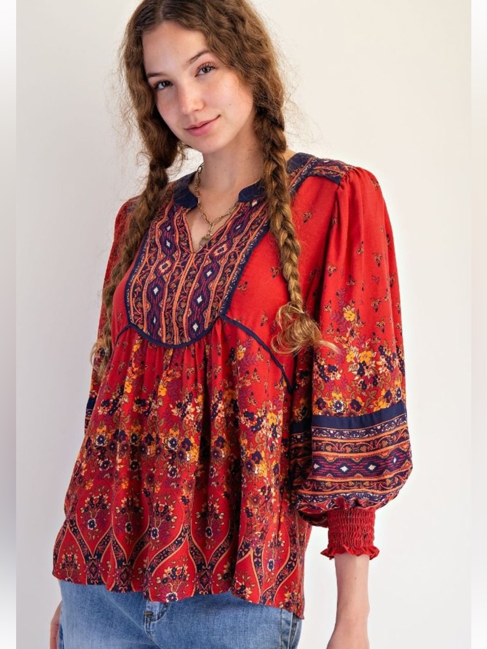 417 EASEL BORDER PRINTED CHALLIS BABYDOLL TOP